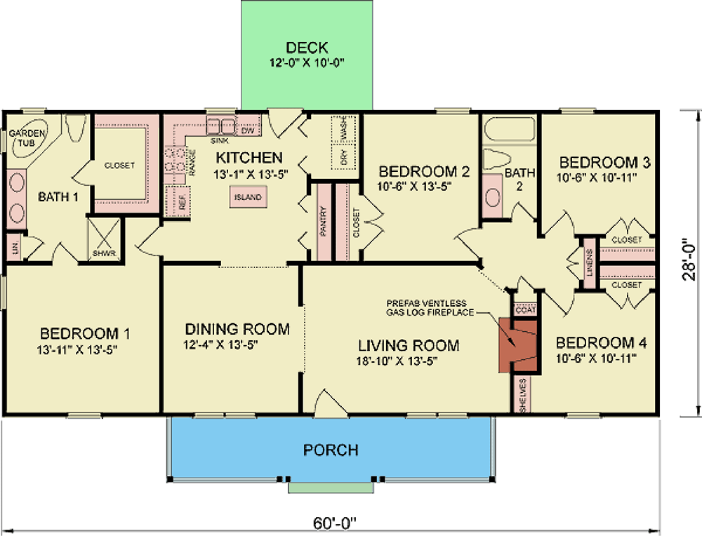 Plan 25852GE: Single-Story Farmhouse Plan with Split-Bedroom Layout - 1680 Sq Ft - Floor Plan - Main Level - Cottage, Modern Farmhouse, Traditional