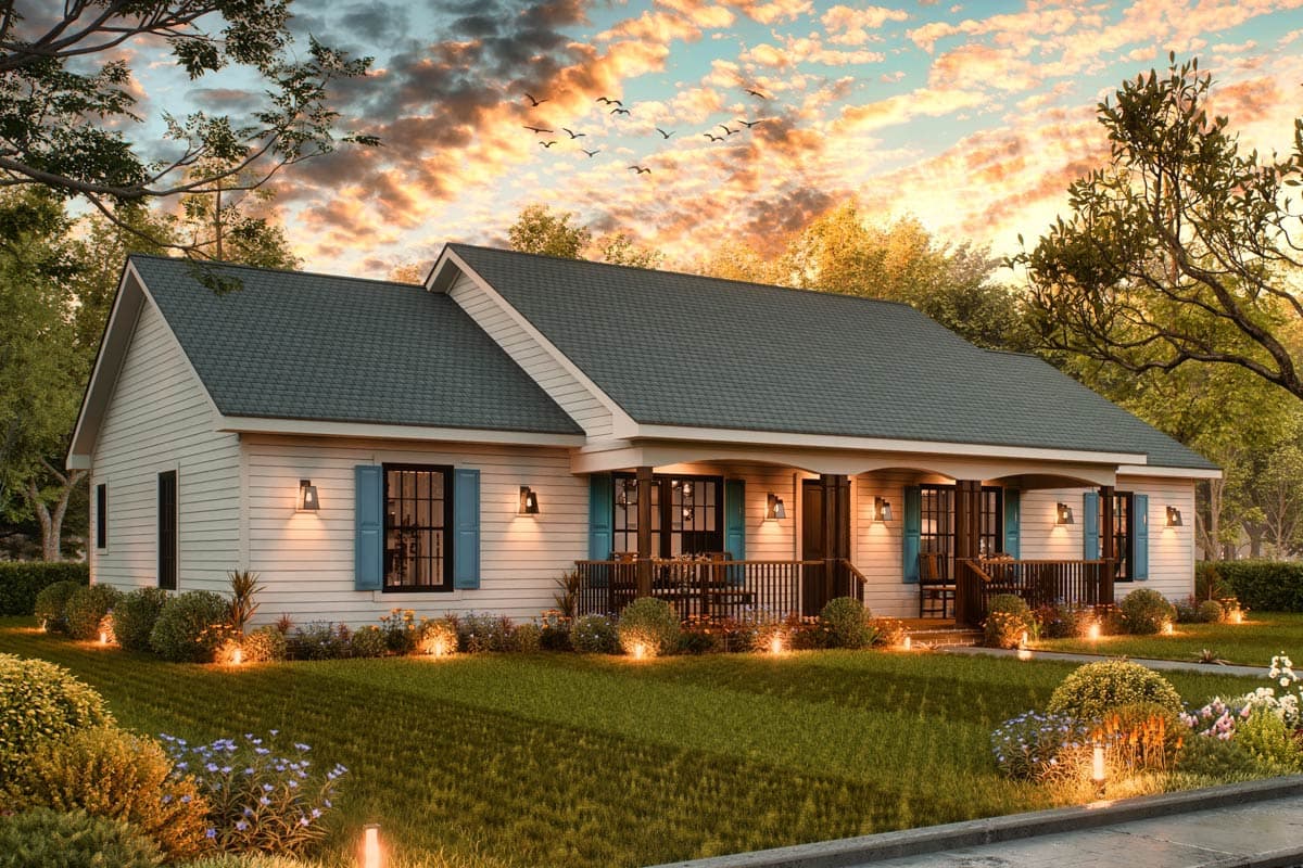 Ranch house plan exterior with a wide covered porch, gabled dormers, and visible siding.