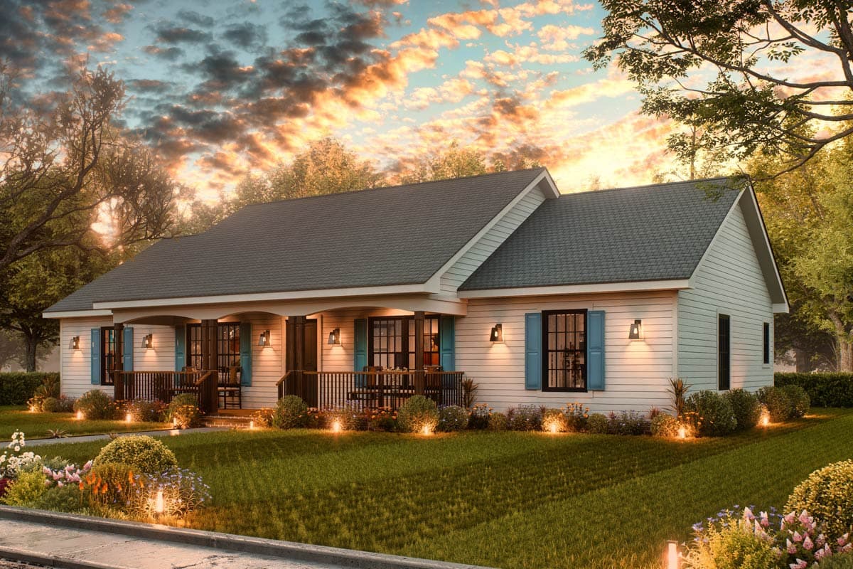 Ranch house plan exterior with covered front porch, multiple gables, and light blue shutters.