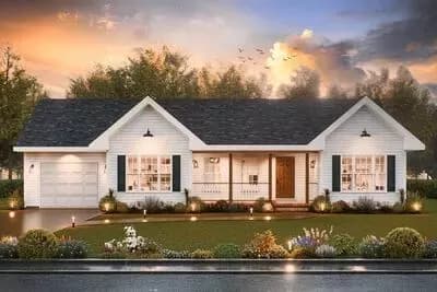 Single-Story Ranch House Plan with Split-Bedroom Floor Plan - 1101 Sq Ft