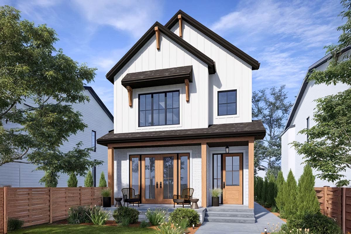 House plan exterior. Two-story Modern Farmhouse with gables, a covered porch, and a combination of board and batten siding.