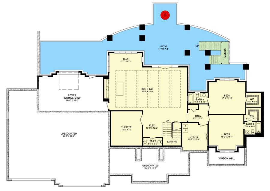 Plan 703017TYL: Single-Story Transitional House Plan with Finished Lower Level Layout - 5560 Sq Ft - Floor Plan - Lower Level - European, Transitional