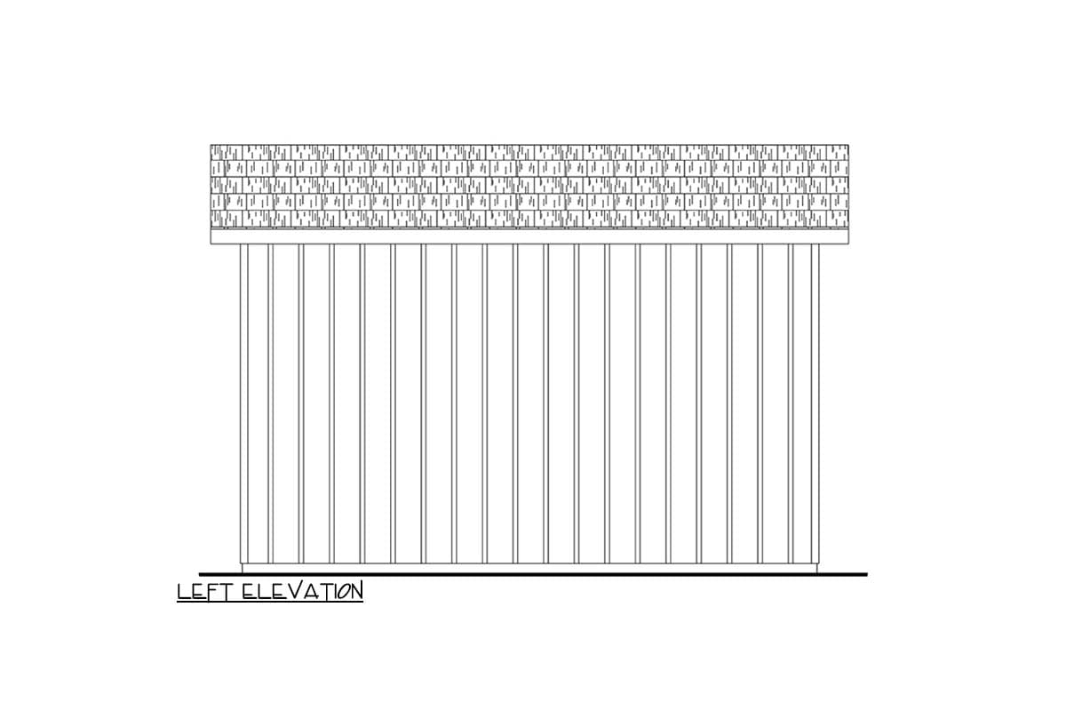 Left elevation drawing of a house plan showing vertical siding and roof detail.
