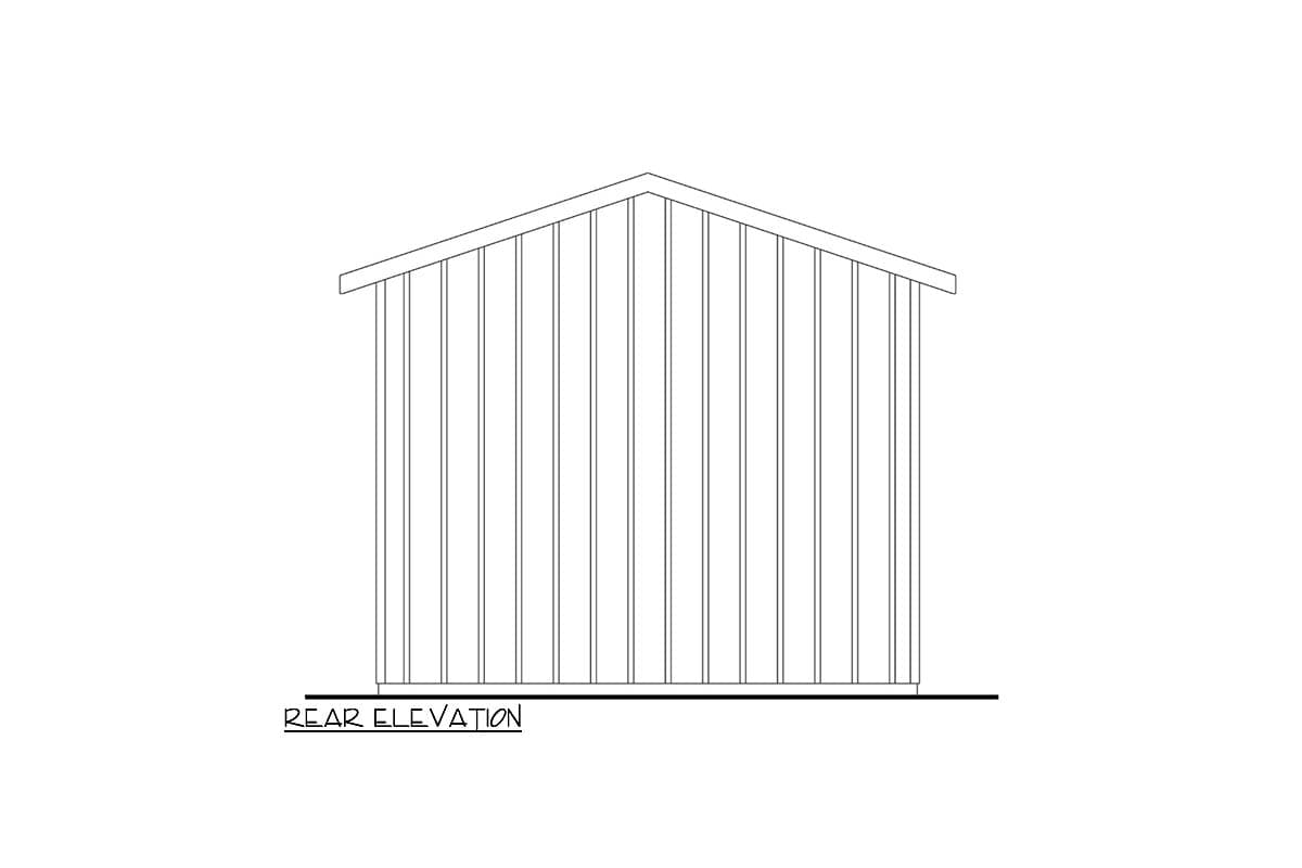 Rear elevation drawing showing vertical siding and a gabled roof.