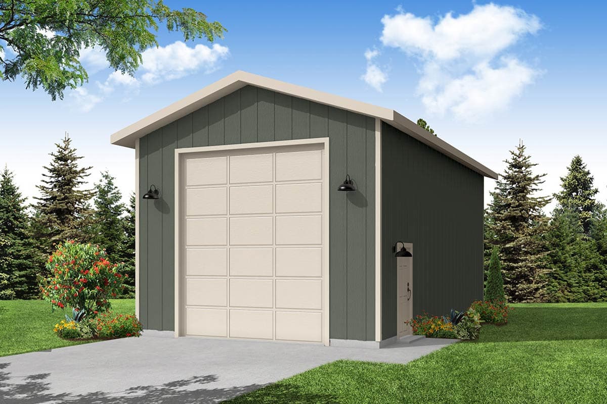 House plan exterior with gable roof, single garage door, and exterior sconce lighting. Exterior includes a small entry door and garden.
