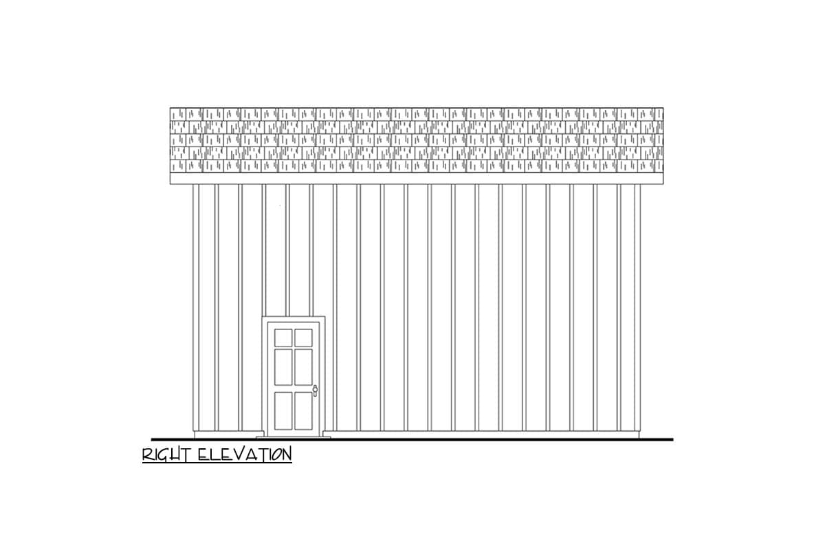 Right elevation drawing showing a single door and vertical siding under a shingled roof.