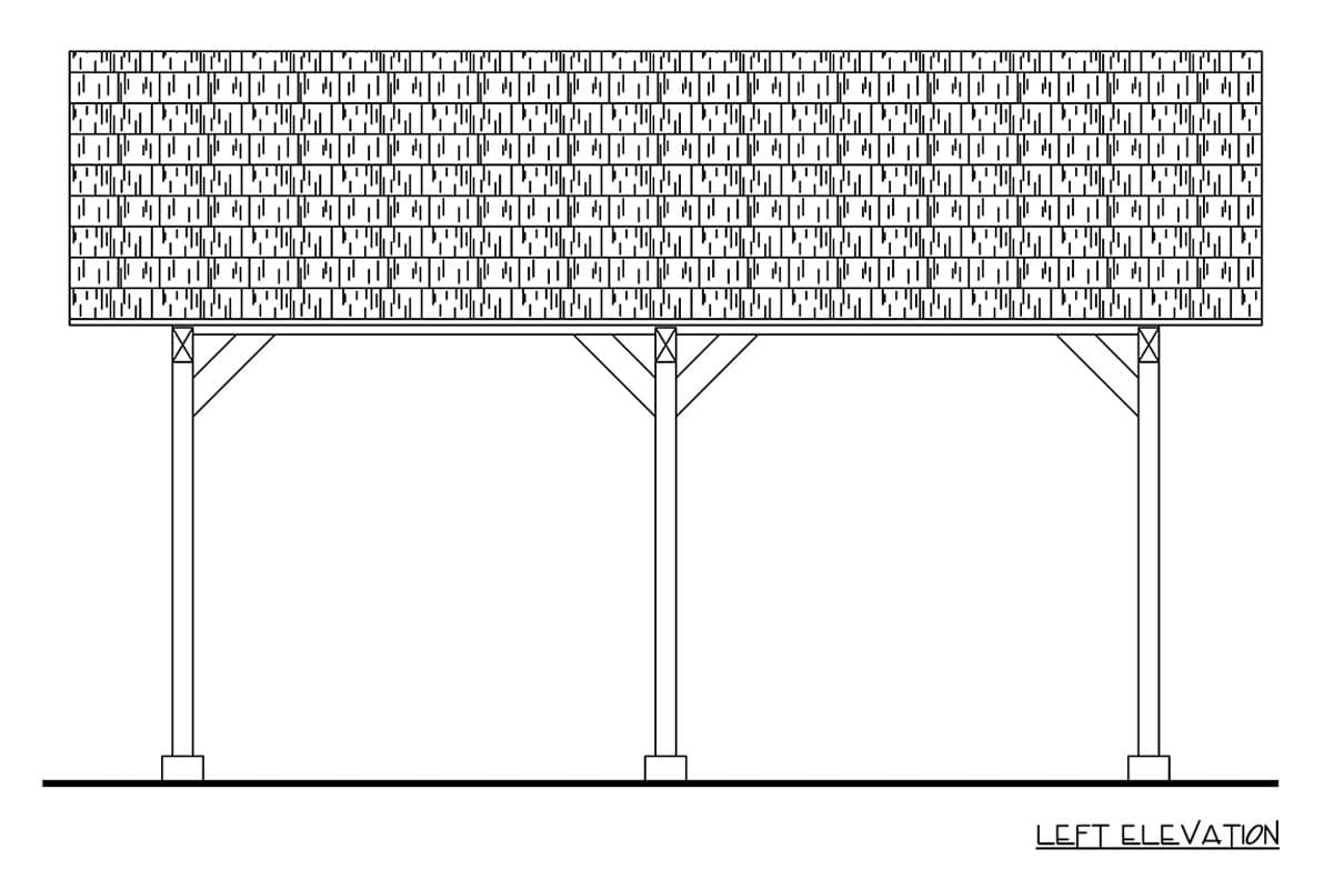 Left elevation drawing of a multi-bay carport with a shingled roof supported by square posts and diagonal braces.