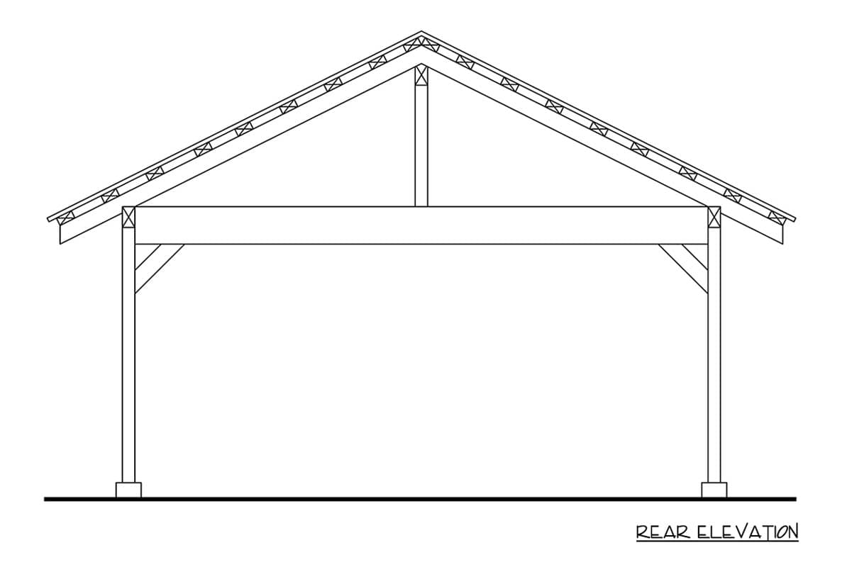Rear elevation drawing of a single-story structure with a gable roof and exposed rafter tails.