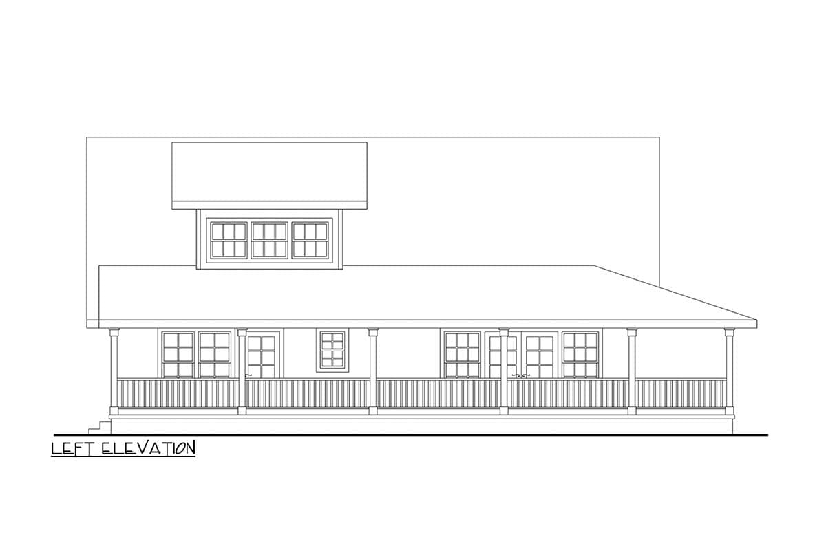 Left elevation house plan with a full-width porch, dormer, and multiple windows.