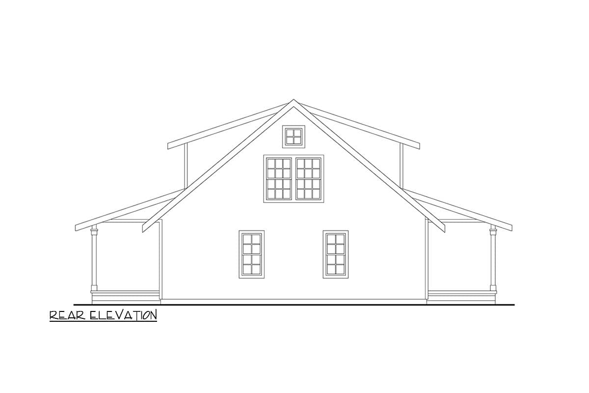 Rear elevation drawing of a house with a prominent gable, two porches, and multiple windows.