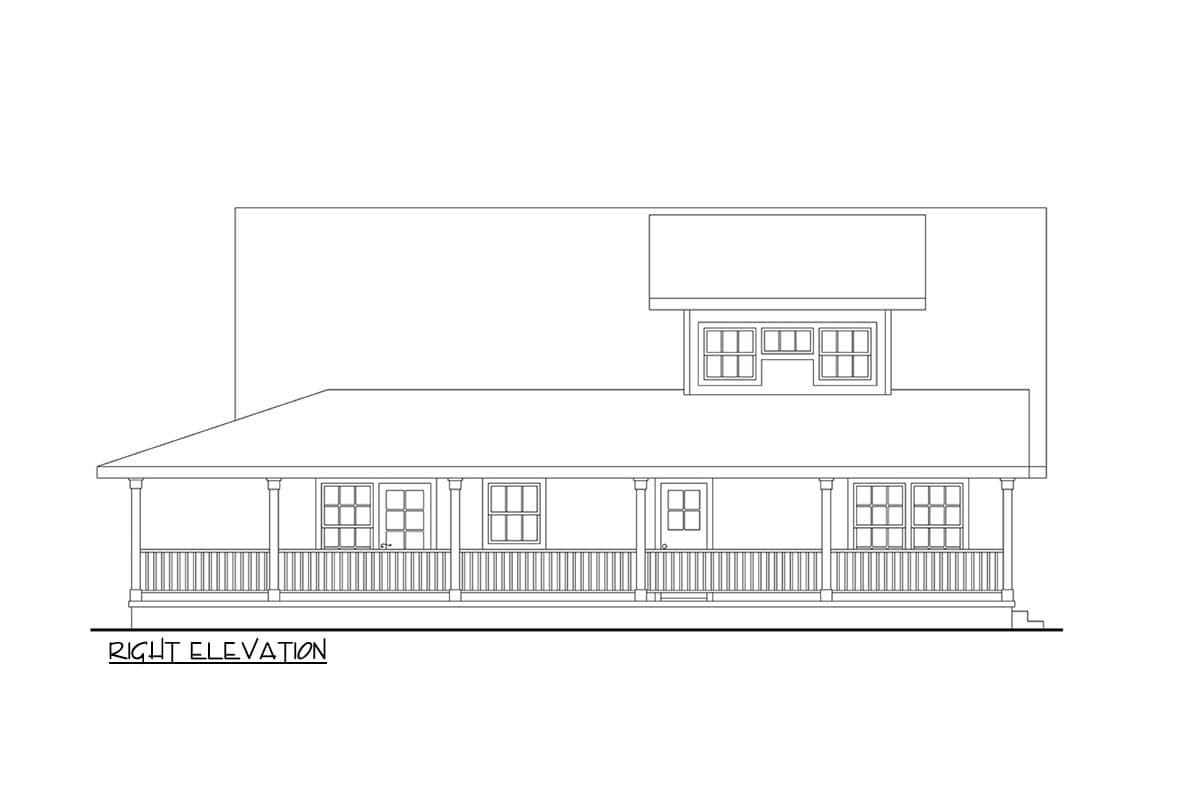 Right elevation drawing of a house plan with a full-width porch, multiple windows, and a dormer.