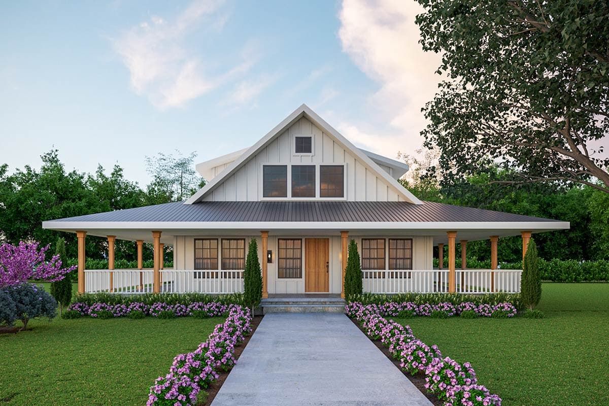 House plan exterior featuring a Modern Farmhouse style with a single story, a wraparound porch, gabled roof, and symmetrical window arrangement.