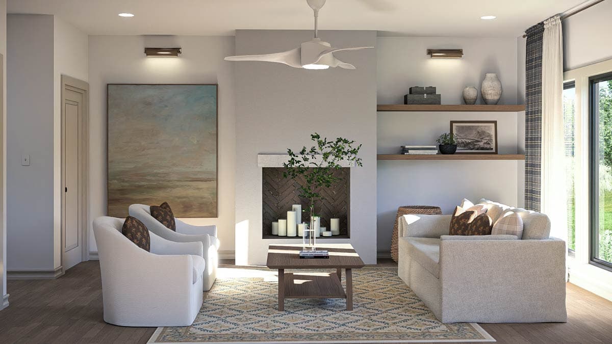 Living room rendering with a fireplace, two sofas, two chairs, a coffee table, and shelves.