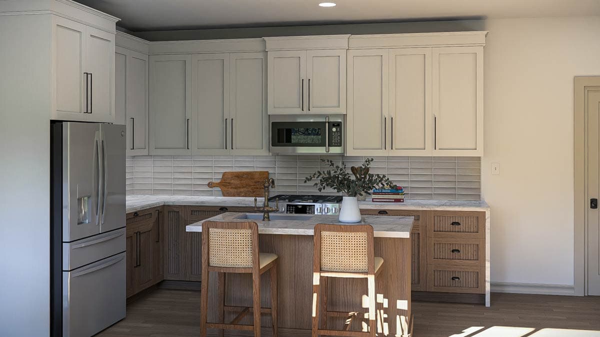 Interior rendering of a kitchen with a central island, stainless steel refrigerator, and two-toned cabinetry with a tiled backsplash.