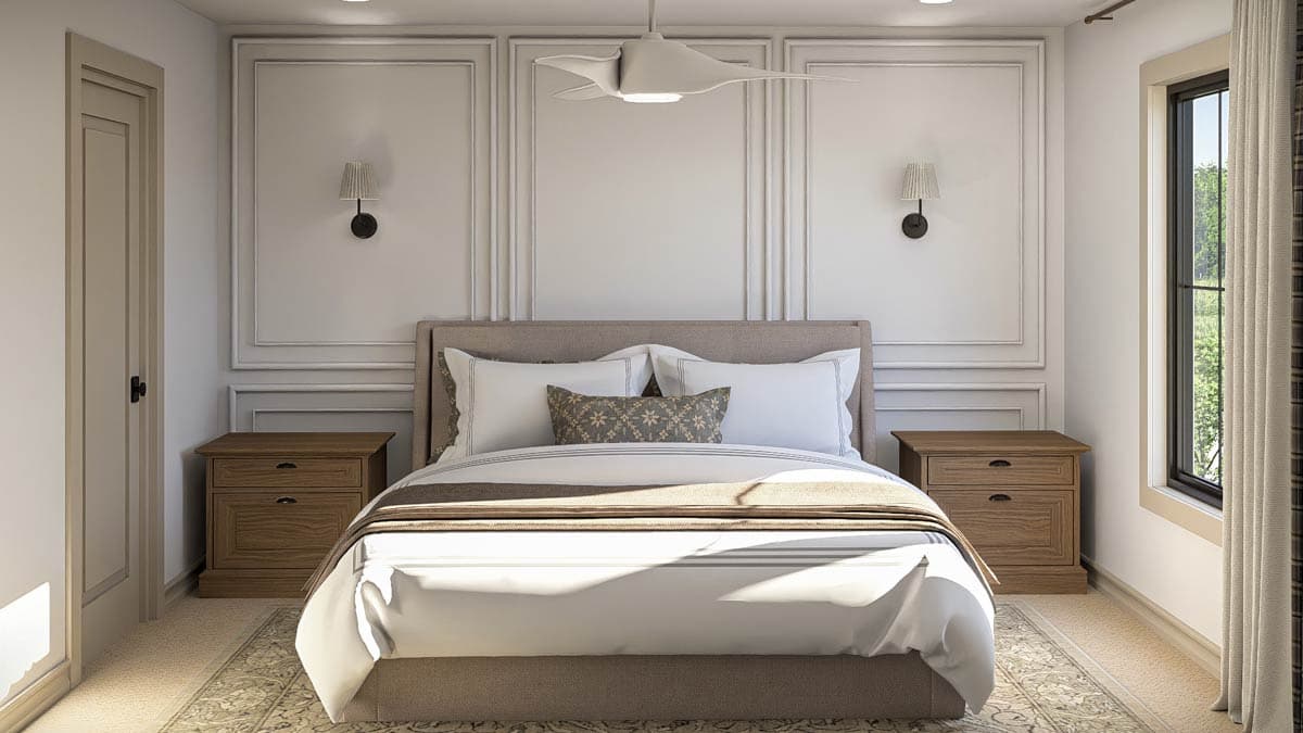 Primary bedroom rendering with upholstered bed, decorative wall molding, modern ceiling fan, nightstands, and window.