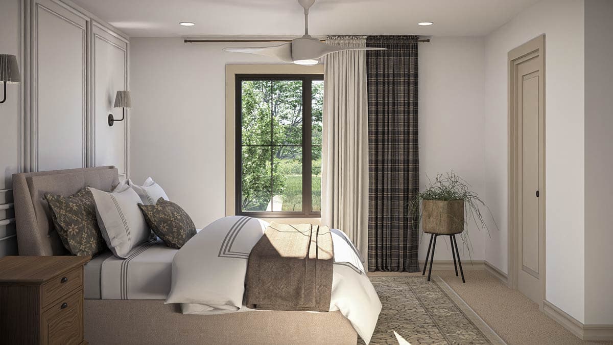 Bedroom rendering with upholstered headboard, window with plaid curtains, and decorative wall paneling.