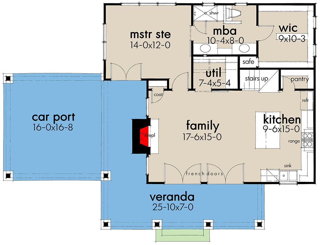 Plan 16939WG: 4-Bed Modern Farmhouse Cottage Plan with Veranda and Carport - 1428 Sq Ft - Floor Plan - Main Level - Cottage, Country, Modern Farmhouse