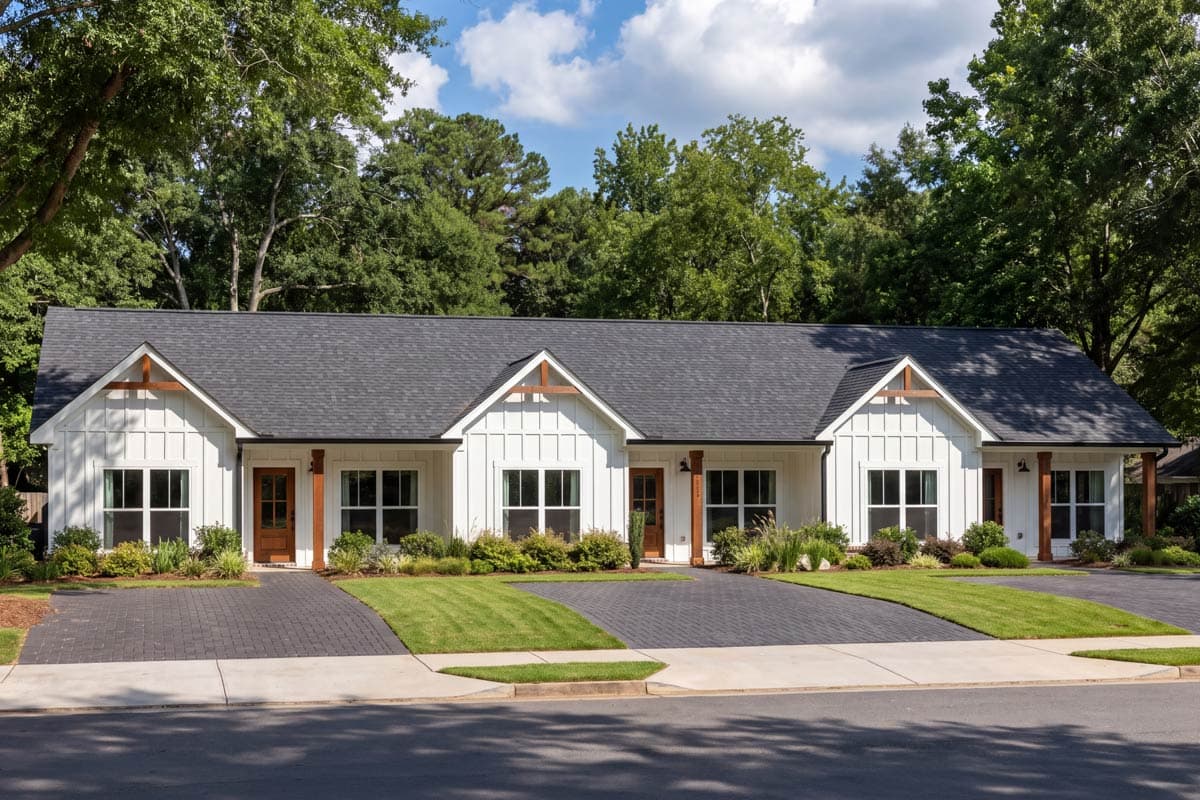 House plan exterior. Modern Farmhouse style with gabled roof, board-and-batten siding, and recessed entry porches. Features multiple large windows.