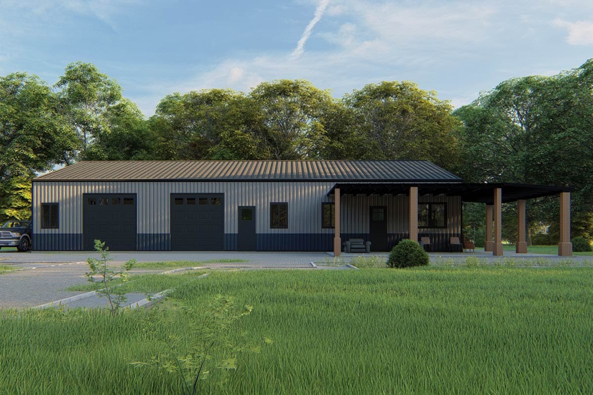 House plan exterior. One-story metal building with two garage bays, a covered porch, and a metal roof. A black truck is in the left side.