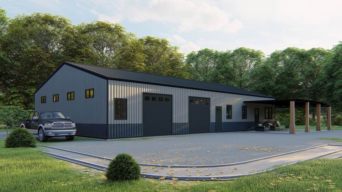 House plan exterior with two garage doors, a covered patio with seating, and vertical metal siding.