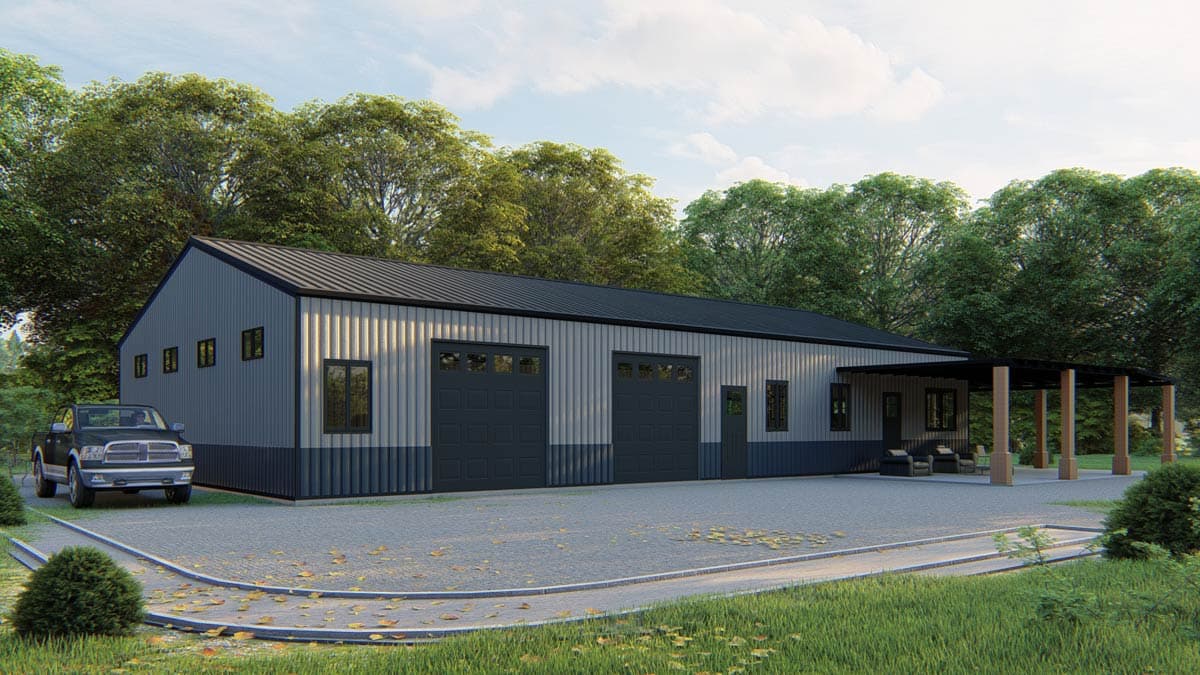 House plan exterior with two garage doors, side entrance, and covered patio. Features metal siding and a sloped roof.