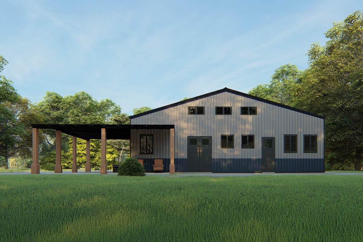 House plan exterior with gable roof, covered porch with wooden columns, and vertical metal siding.