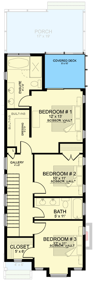 Plan 147035RML: Narrow Two-Story Contemporary House Plan with 3 Bedrooms Upstairs - 1790 Sq Ft - Floor Plan - 2nd Floor - Contemporary
