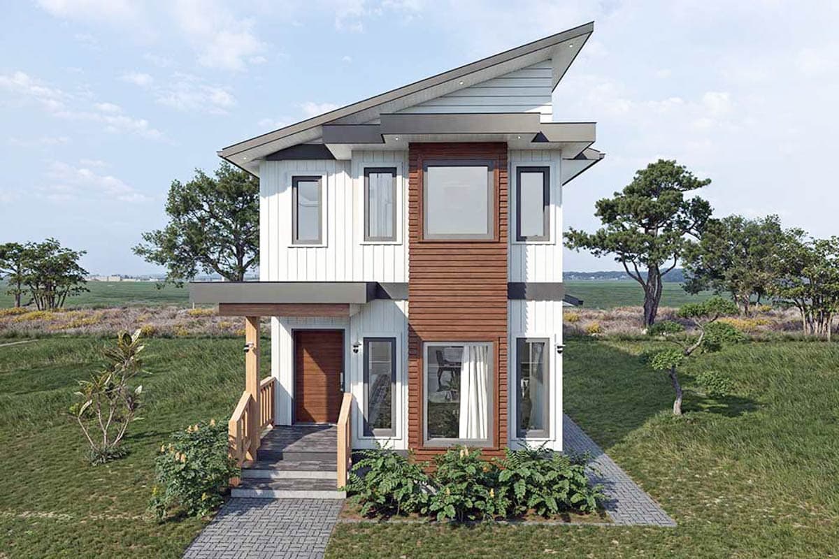 House plan exterior. Two-story Modern house with a low-slope roof, covered porch, and a contrasting vertical wood siding element.