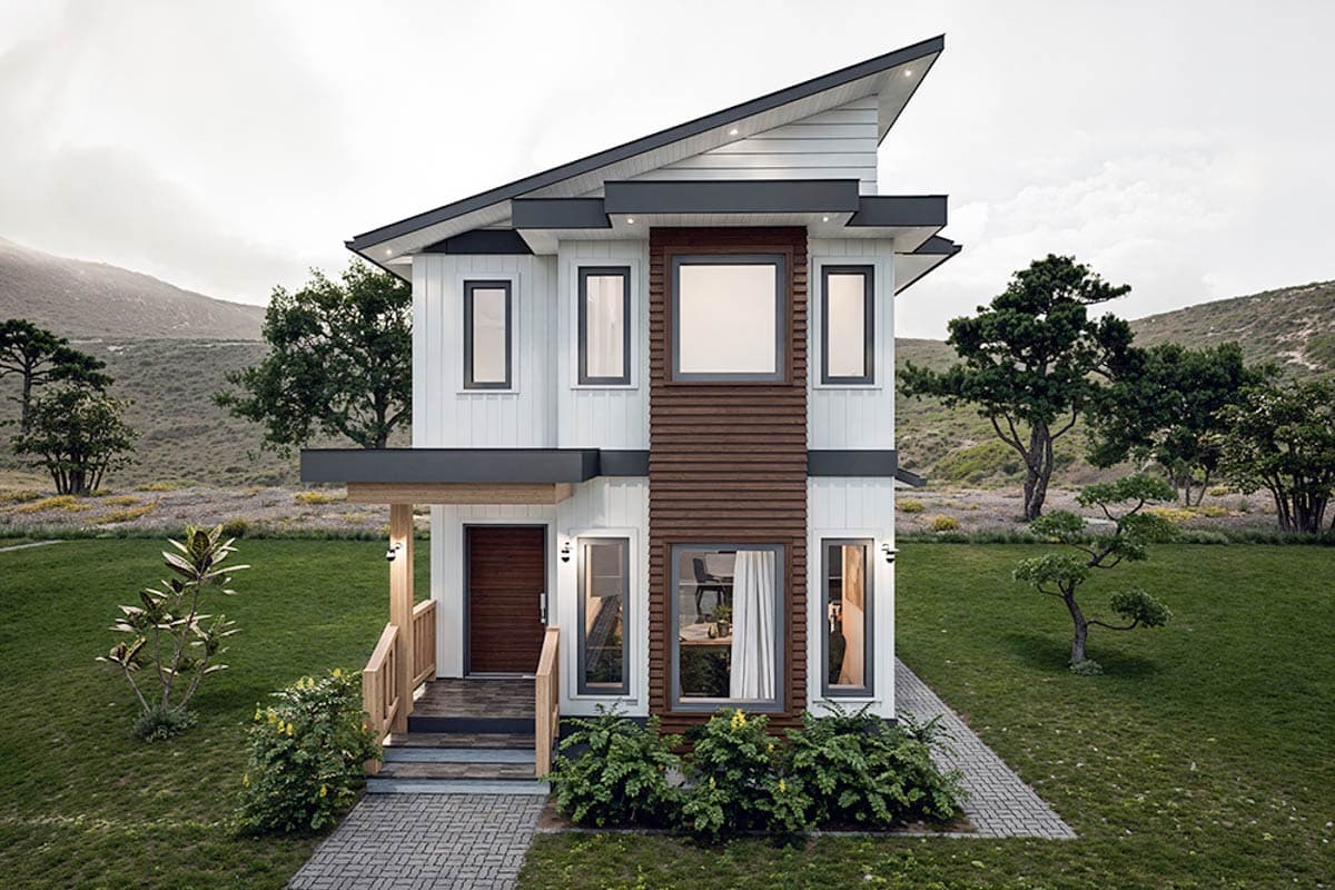 Modern two-story house plan exterior with a prominent asymmetrical roofline, wood and vertical siding, and a front porch.