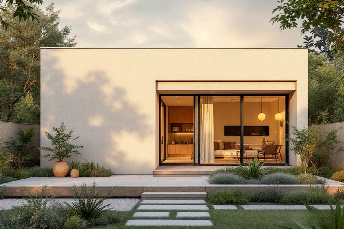 House plan exterior. Modern style with flat roof, large sliding glass doors, and a patio. The living room features a fireplace.