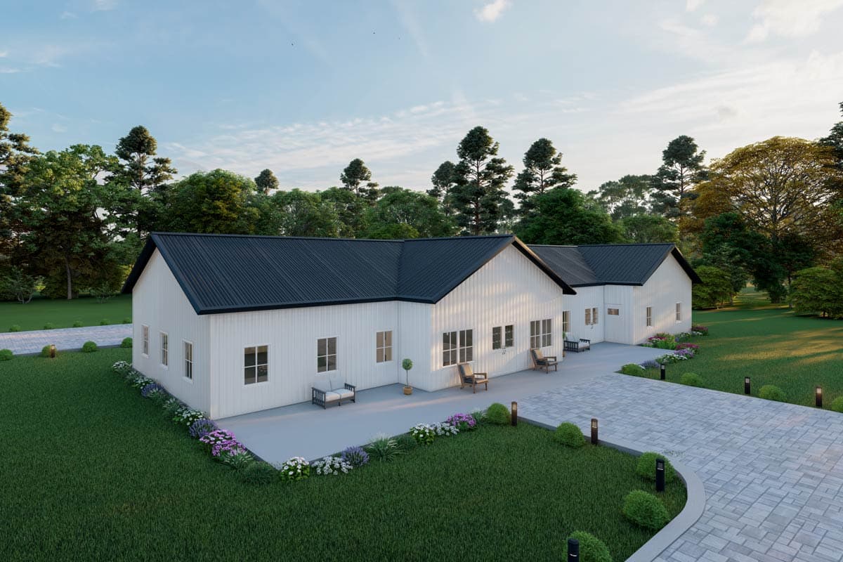 House plan exterior: modern farmhouse style, single-story, white board and batten siding, dark metal roof, multiple gables.