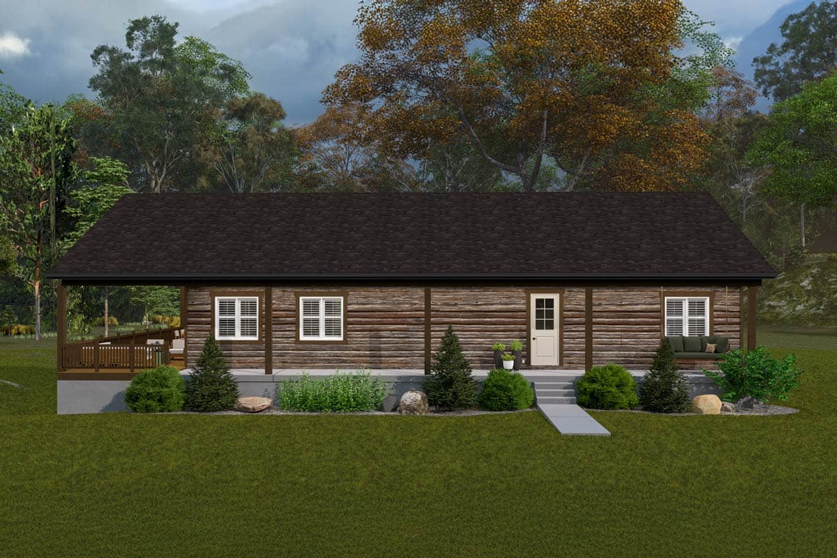 Log cabin style house plan exterior. Single story with a covered porch, gable roof, and visible log siding.