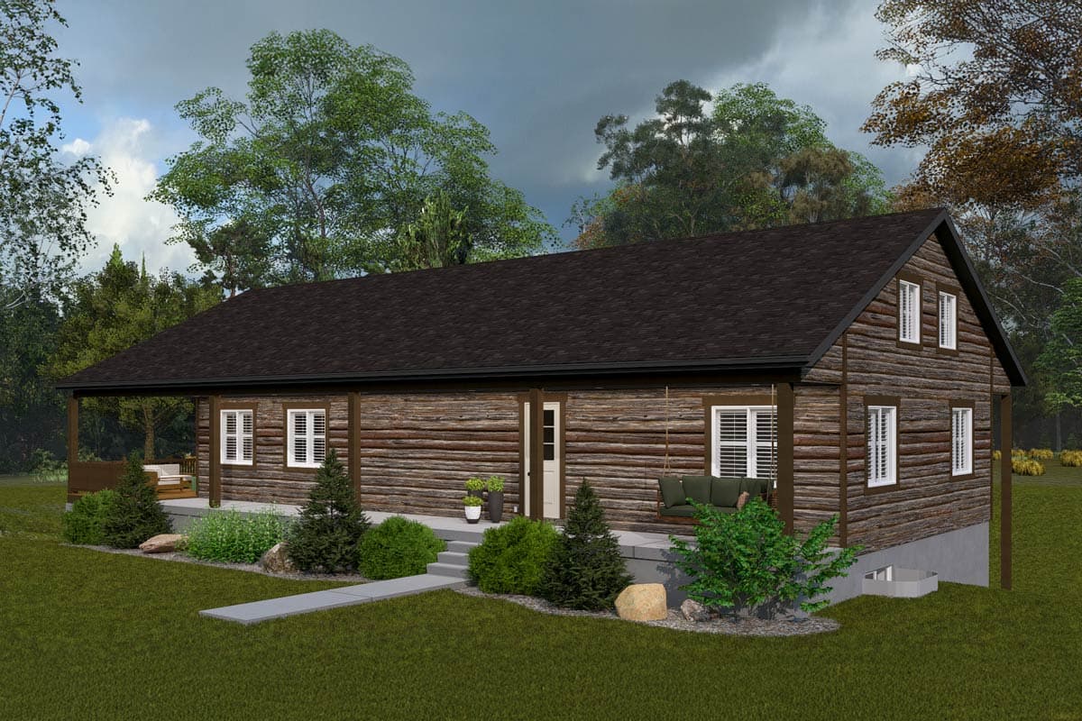 House plan exterior. Single-story log cabin with a covered porch, gable roof, and multiple windows. Features a swing and simple landscaping.