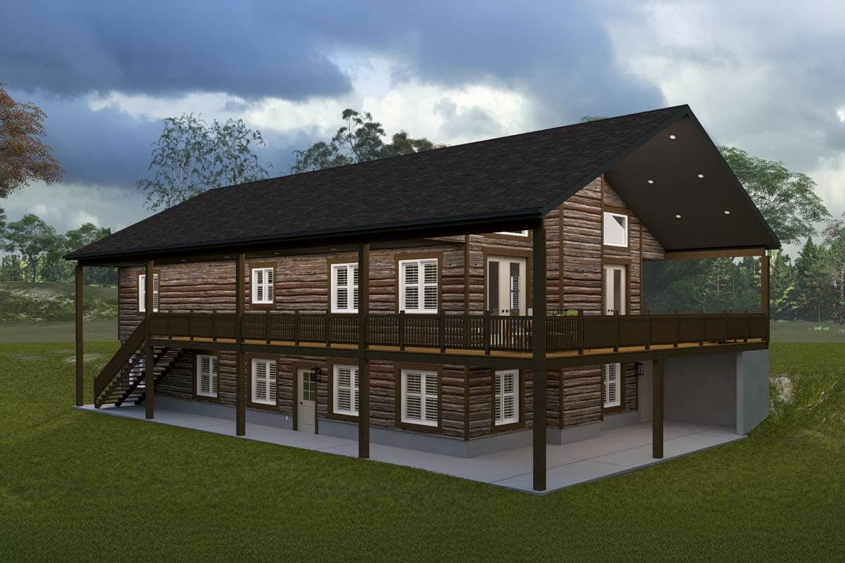 Log home house plan exterior, two stories, wrap-around deck, and gabled roof.