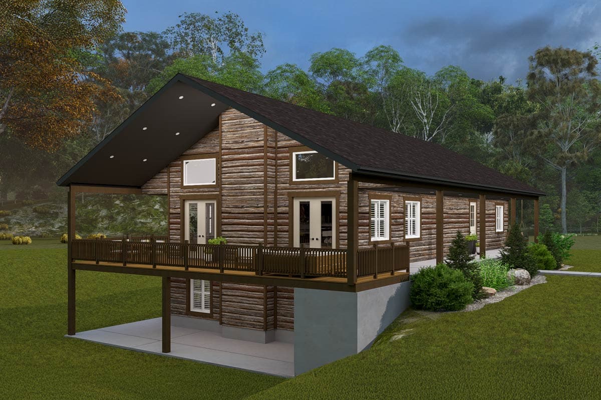 Log house plan exterior with wrap-around deck, steeply pitched gable roof, and large second-story windows.