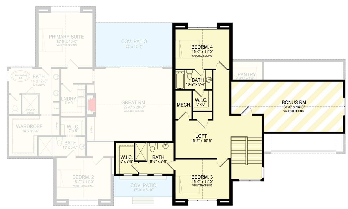 Plan 493031GNT: 4-Bed Transitional House Plan with Unfinished Bonus Room Above Garage - 3744 Sq Ft - Floor Plan - 2nd Floor - European, Transitional