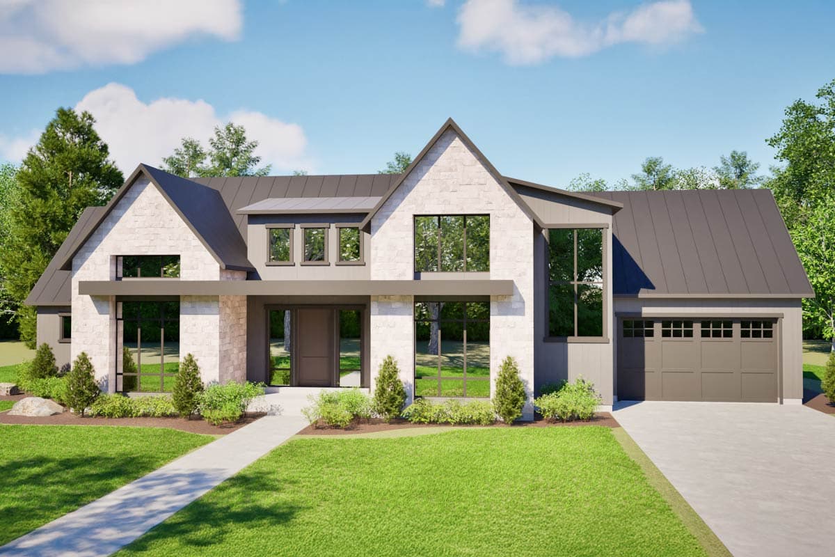 House plan exterior. Modern style, two-story home with gabled roof, stone facade, and attached garage. Large windows and a covered entry.