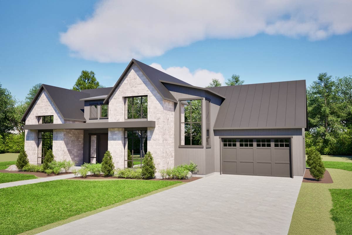Modern house plan exterior with stone facade, metal roof, prominent gables, and integrated garage.