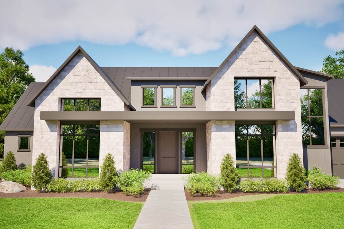 House plan exterior: Modern style, two stories, stone facade, metal roof, large windows, and covered entryway.