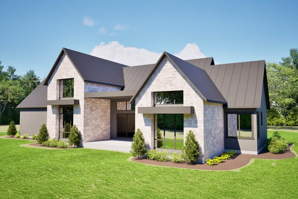 Modern house plan exterior with stone facade, intersecting gabled roofs, and large dark-framed windows.