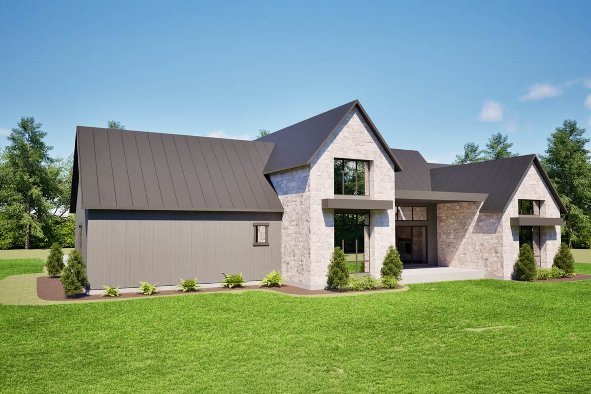 Modern house plan exterior with stone facade, board and batten siding, dark metal roof, and large windows.