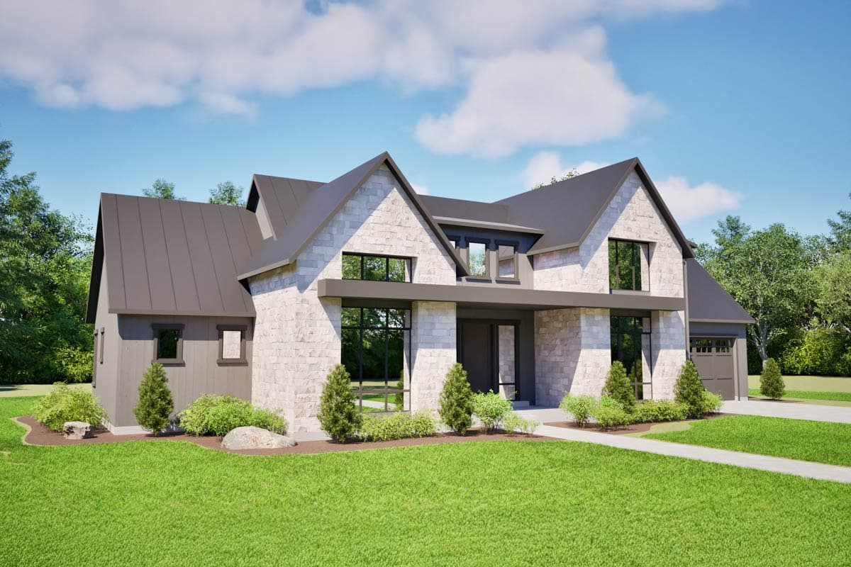 Modern house plan exterior with stone facade, metal roof, prominent gables, and large windows. Attached garage.