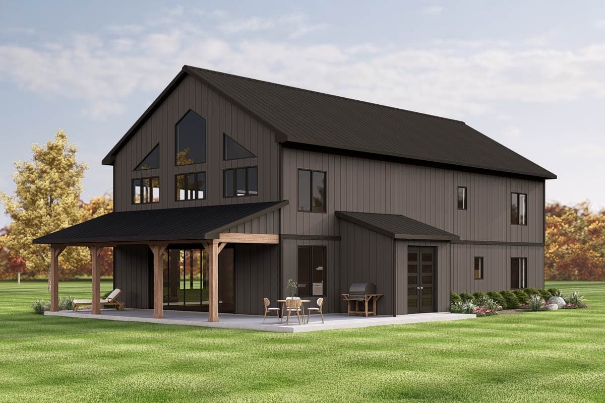 Two-story house plan exterior featuring a barn style design with a large porch, gable roof, and prominent triangular windows.