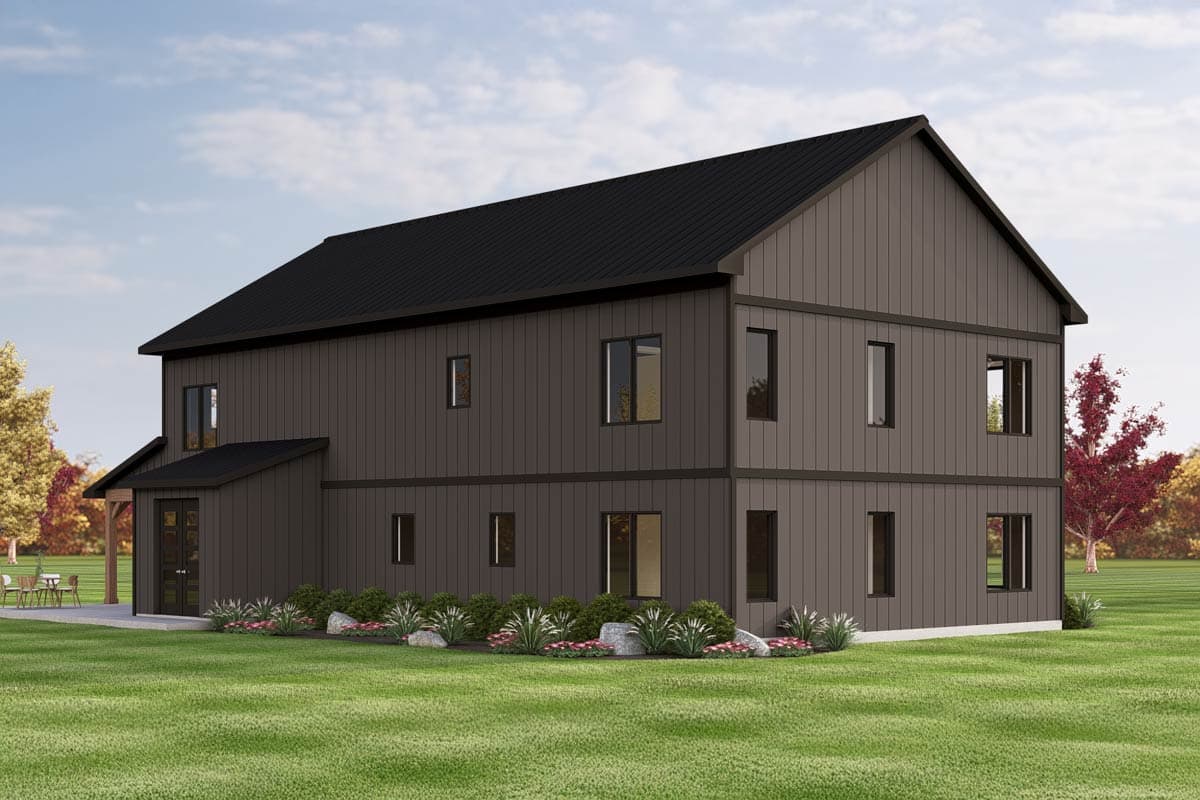 House plan exterior of a two-story Modern Farmhouse with vertical siding, gabled roof, and multiple windows.