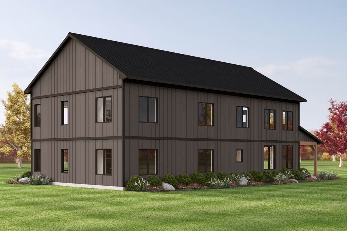 House plan exterior: two-story modern home with vertical siding, dark metal roof, and numerous windows.