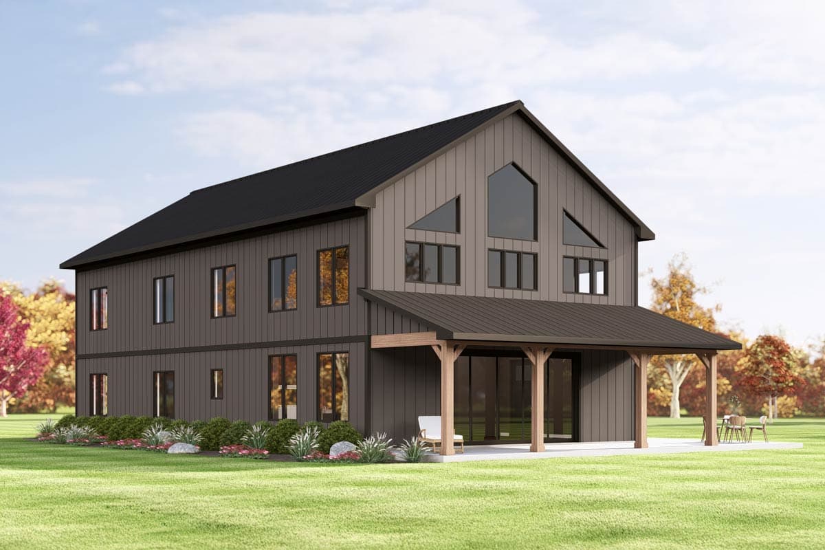 Two-story house plan exterior with a gable roof, a covered porch with wooden posts, and geometric windows on the upper level.