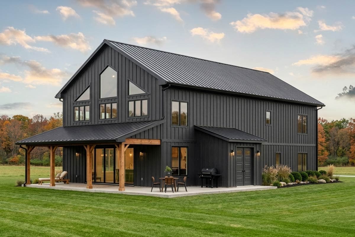 Two-story house plan exterior featuring a barn style design with a large porch, gable roof, and prominent triangular windows.