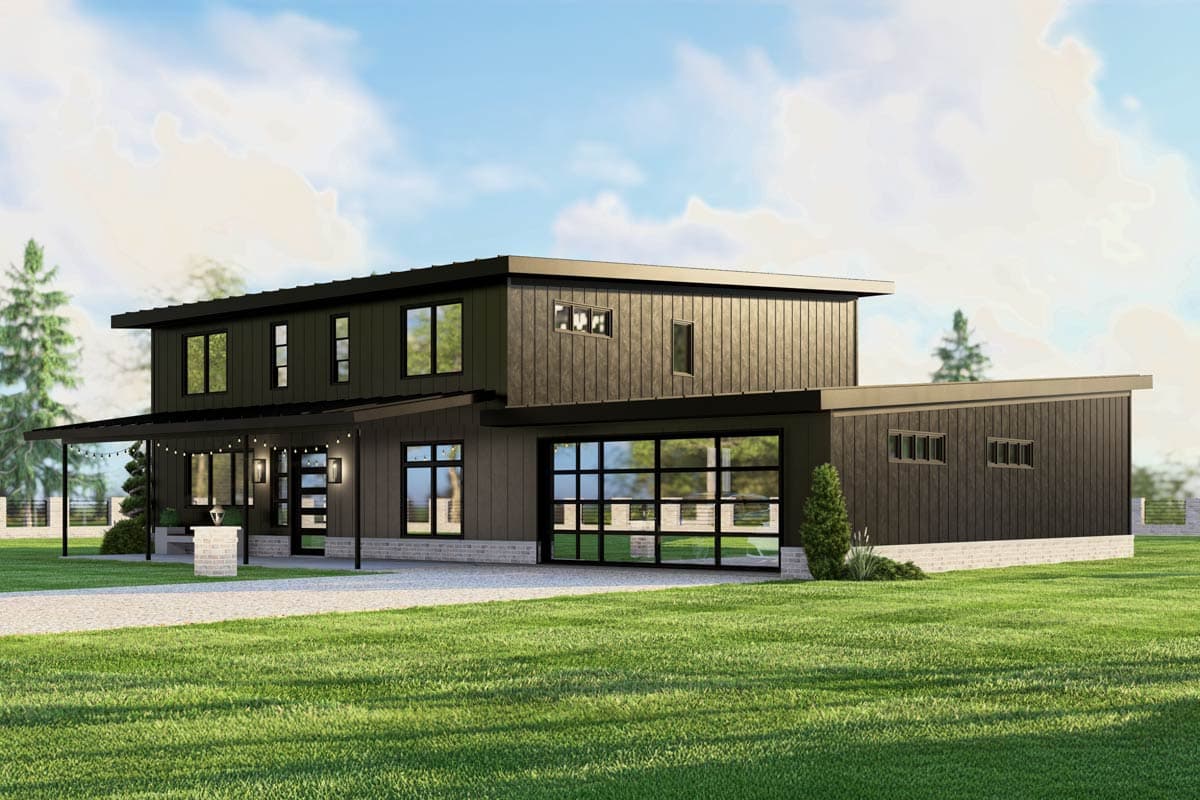 Modern two-story house plan exterior with flat rooflines, covered porch, wood siding, and a glass garage door.