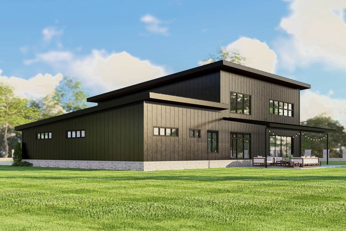 Modern house plan exterior with dark vertical siding, flat rooflines, and large windows.