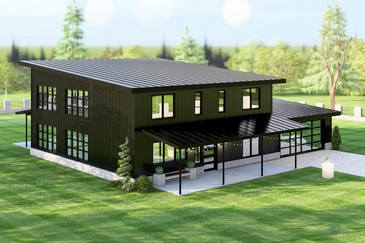 Modern two-story house plan exterior with a flat roof, dark vertical siding, a covered porch, and multiple large windows.